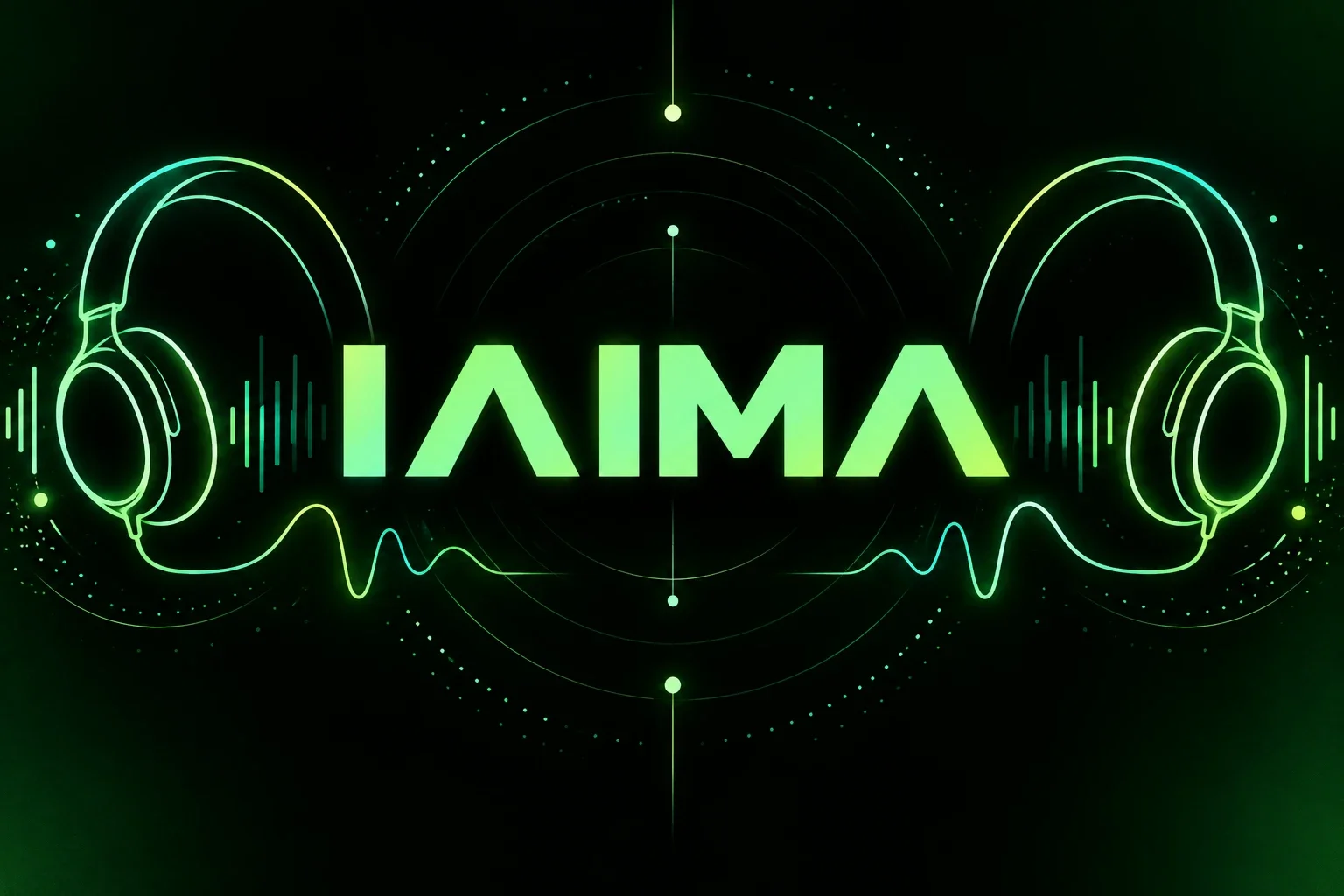 Il logo IAIMA brilla al centro di uno sfondo verde scuro, tra due cuffie al neon e onde sonore in movimento: l’identità visiva della prima edizione degli Italian AI Music Awards.