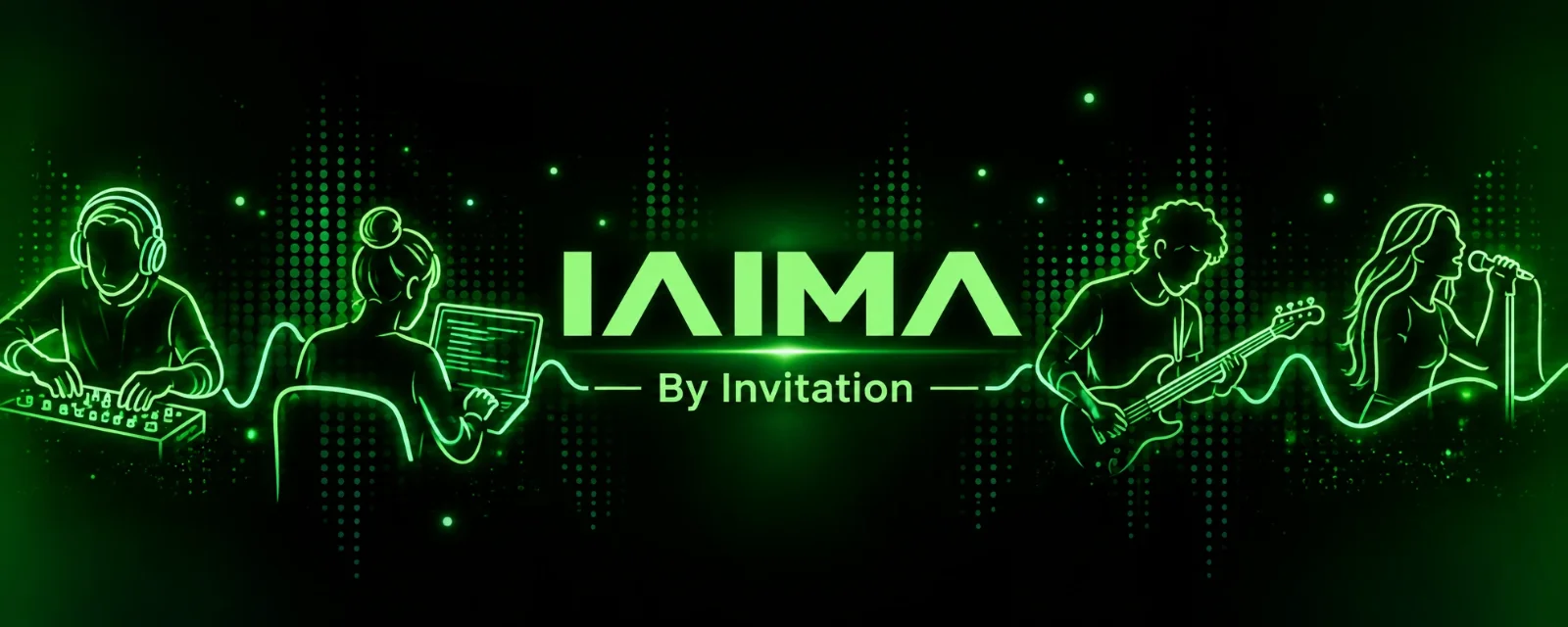 IAIMA Italian AI Music Awards By Invitation banner: four musicians in neon green line art linked by a sound wave